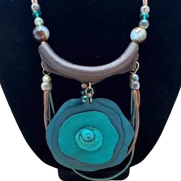 Sweet Lola Leather Suede Rose Beaded Cord Pull Necklace Teal Brown - Picture 1 of 7